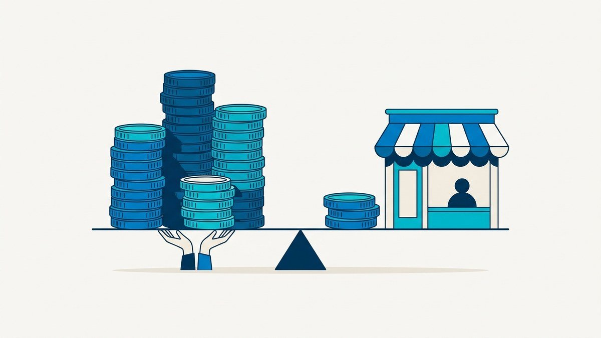 Ilustración de monedas apiladas en una balanza frente a un consultorio, sobre el costo de poner consultorio en Polanco