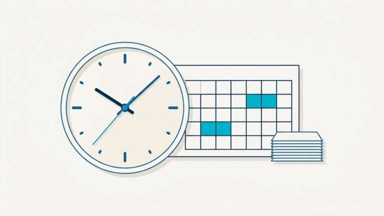 Ilustración de un reloj junto a un calendario mensual con bloques de horas marcados