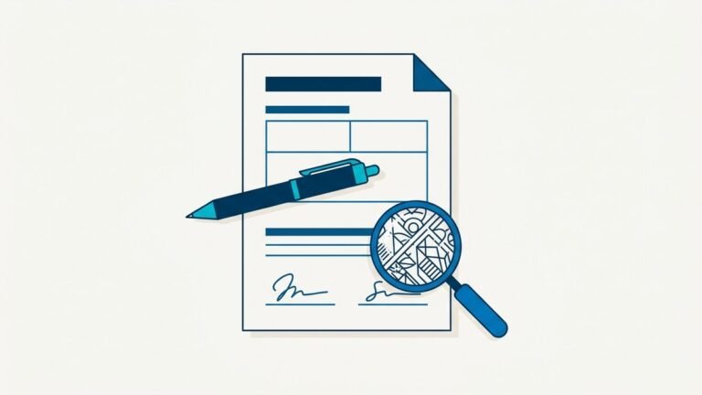 Ilustración de un contrato con una pluma y una lupa sobre la letra chica