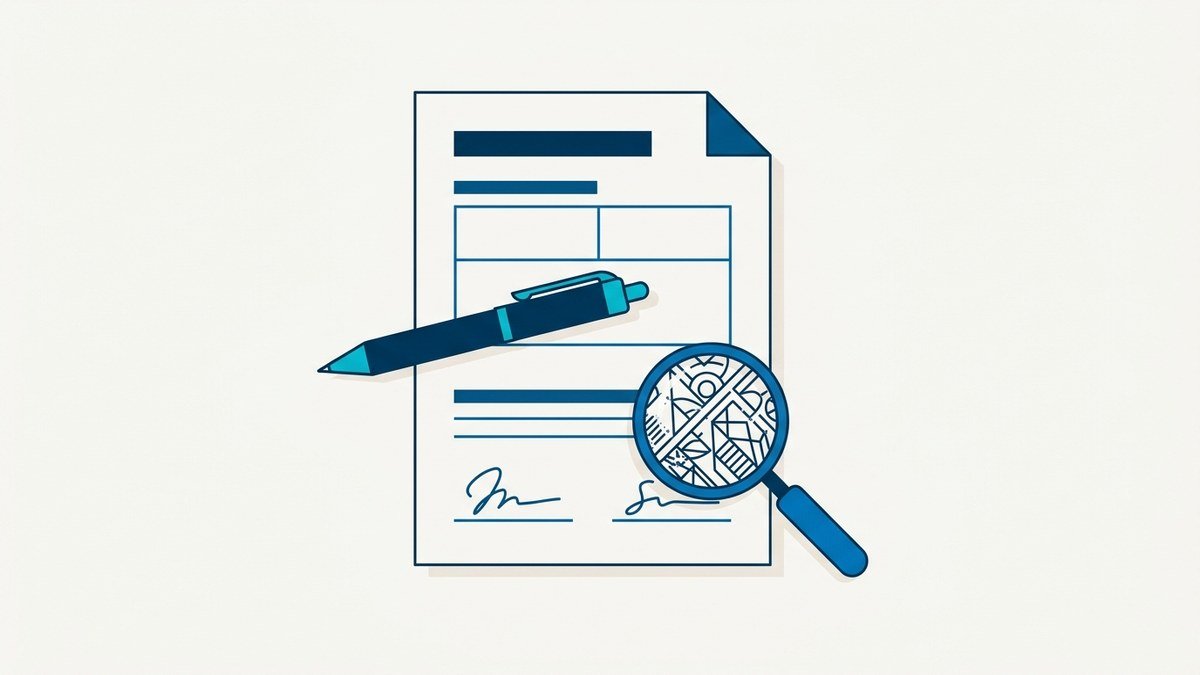 Ilustración de un contrato con una pluma y una lupa sobre la letra chica