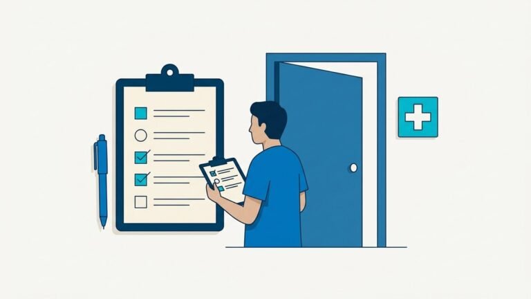 Ilustración de una lista de requisitos frente a la puerta de un consultorio médico