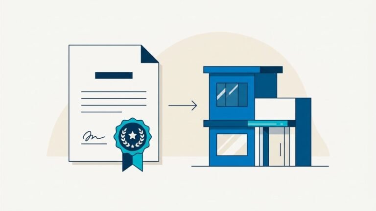 Ilustración de un documento sellado que apunta a un edificio, sobre el aviso de funcionamiento del establecimiento