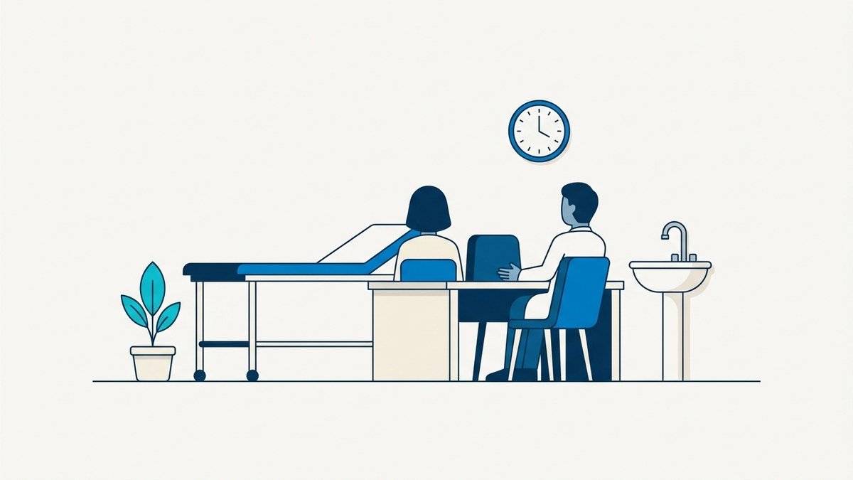 Ilustración de un consultorio equipado con mesa de exploración, escritorio y lavabo