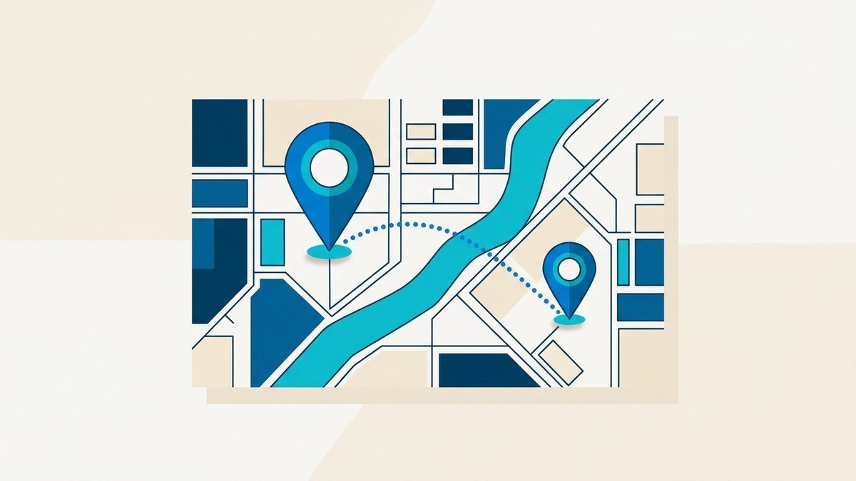 Ilustración de un mapa con dos marcadores de ubicación unidos por una línea punteada