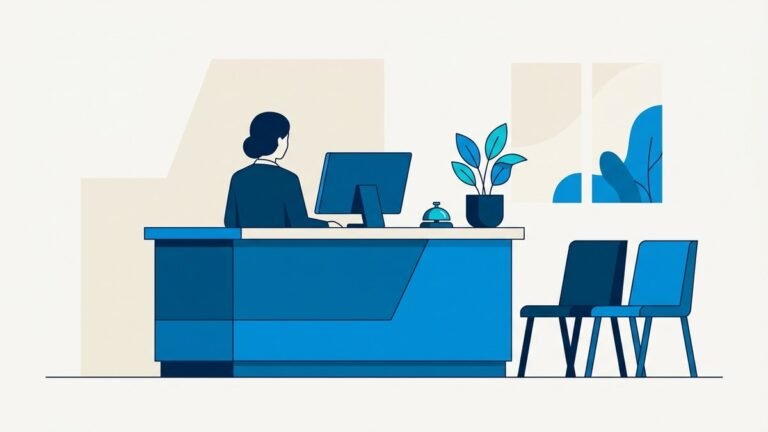 Ilustración de una recepción con mostrador, planta y sillas de sala de espera