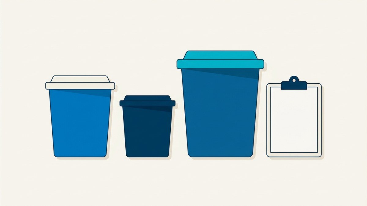 Ilustración de tres contenedores de residuos de distinto tamaño junto a una bitácora