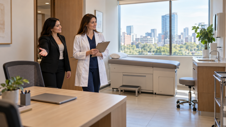 Profesional de salud recorre un consultorio médico con una representante