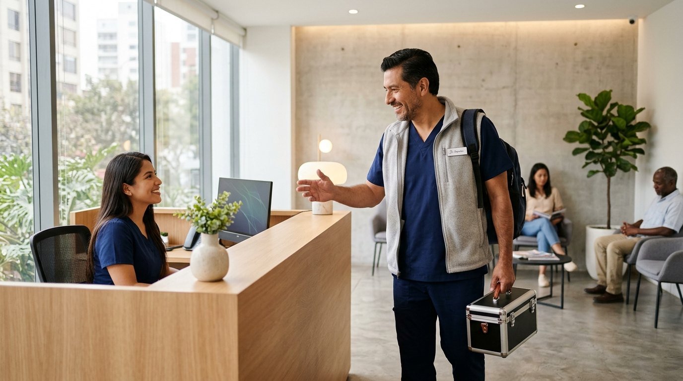 Dentista llegando a un consultorio compartido para atender en su bloque de horas