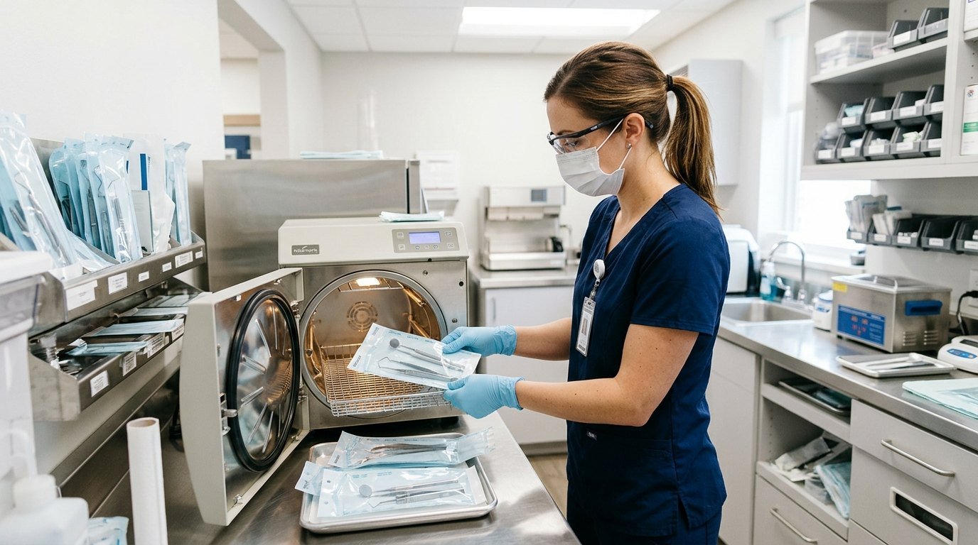 Asistente dental colocando instrumental empaquetado en el autoclave del consultorio