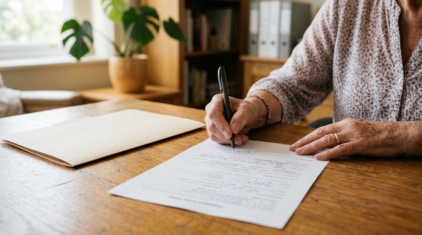 Paciente firmando una carta de consentimiento informado en un consultorio
