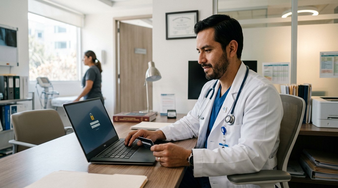 Médico iniciando sesión en un expediente clínico electrónico protegido