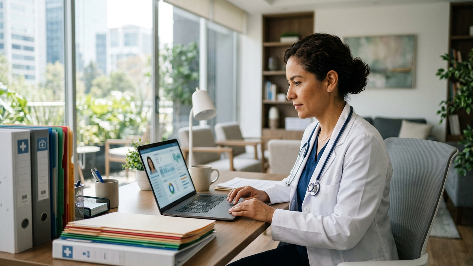 Médica revisando un expediente clínico electrónico en su consultorio