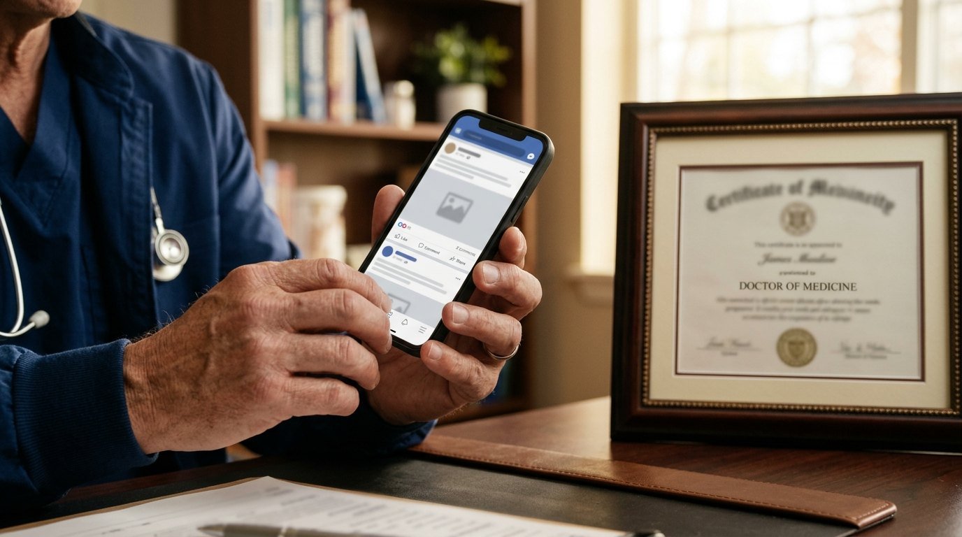Médico revisando una publicación para redes sociales junto a su título profesional