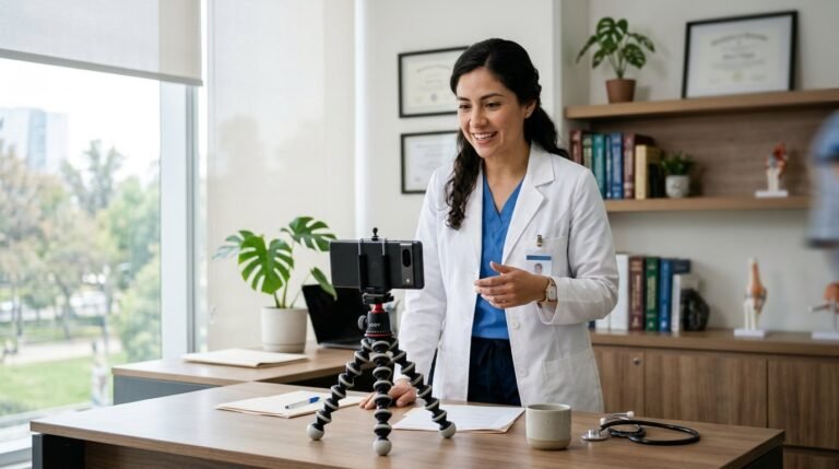 Médica grabando un video informativo con su celular en el consultorio