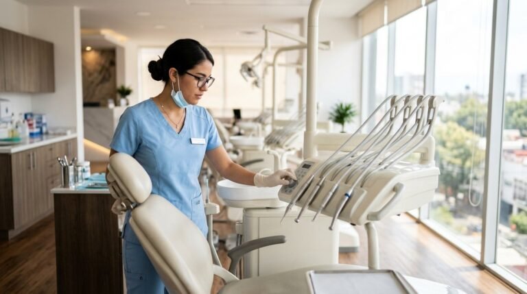 Dentista revisando una unidad dental en un consultorio moderno antes de rentarlo por horas